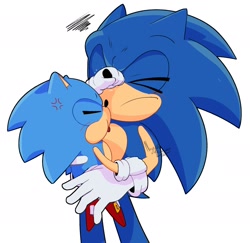 Size: 1828x1776 | Tagged: safe, artist:nugget_pudding, sonic the hedgehog, hedgehog, 2026, carrying them, classic sonic, cross popping vein, duo, eyes closed, frown, grabbing, holding them, male, nose grab, self paradox, signature, simple background, sonic generations, squiggle, standing, tongue out, white background