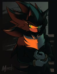 Size: 1599x2048 | Tagged: safe, artist:monti_lop_, mephiles the dark, 2026, dark, fixing glove, glowing eyes, lidded eyes, signature, solo, standing