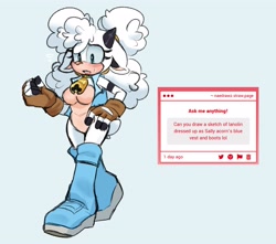 Size: 3169x2796 | Tagged: safe, artist:piko_nae, lanolin the sheep, sheep, clothes, english text, female, outfit swap, sally's vest and boots, solo, straw.page