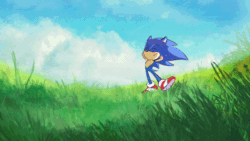 Size: 1000x563 | Tagged: safe, artist:flaerty, sonic the hedgehog, hedgehog, animated, daytime, eyes closed, frame by frame, gif, gloves, grass, shoes, smile