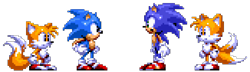 Size: 815x235 | Tagged: safe, artist:miniluv73, miles "tails" prower, sonic the hedgehog, 2024, classic sonic, classic sonic (universe), classic tails, group, looking at each other, looking at them, pixel art, self paradox, sonic generations, sprite, standing