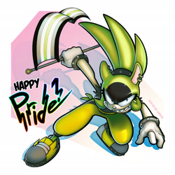 Size: 2048x2048 | Tagged: safe, artist:sonicpridecorner, surge the tenrec, tenrec, 2026, agender, agender pride, agender surge, english text, holding something, idw sonic the hedgehog, looking at viewer, pride, pride flag, pride month, smile, solo, solo agender, text
