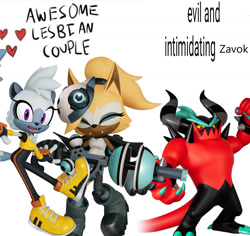 Size: 1145x1080 | Tagged: safe, artist:goopygoopsta, tangle the lemur, whisper the wolf, zavok, zeti, 2026, awesome lesbian couple vs x, edit, english text, heart, lesbian, meme, shipping, simple background, smile, sonic racing crossworlds, tangle x whisper, text, trio, white background