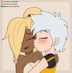 Size: 2048x2082 | Tagged: safe, artist:eagc7, tangle the lemur, whisper the wolf, human, 2026, beige background, blushing, duo, eyebrow clipping through hair, eyes closed, flat colors, hugging, humanized, kiss, kiss on cheek, lesbian, shipping, simple background, smile, tangle x whisper