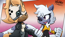 Size: 1818x1044 | Tagged: safe, artist:n0p-matrix, tangle the lemur, whisper the wolf, lemur, wolf, 2026, duo, eyes closed, female, holding hands, idw sonic the hedgehog, lesbian, lesbian pride, one fang, pride, redraw, shipping, signature, smile, tangle x whisper, wink