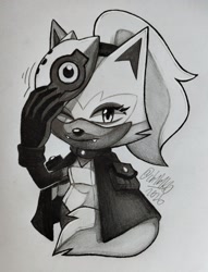 Size: 1565x2048 | Tagged: safe, artist:ch1b1k0, whisper the wolf, 2026, fangs, gradient background, greyscale, looking at viewer, monochrome, one eye closed, signature, smile, solo