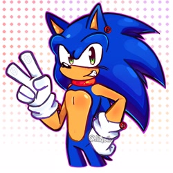 Size: 2048x2048 | Tagged: safe, artist:liquilv, sonic the hedgehog, 2026, abstract background, choker, earring, hand on hip, looking at viewer, outline, purple outline, redesign, signature, smile, smiling at viewer, solo, standing, v sign, watermark