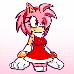 Size: 2048x2048 | Tagged: safe, artist:liquilv, amy rose, hedgehog, 2026, arm sleeves, blushing, breasts, ear piercing, earring, eyelashes, female, gradient background, looking offscreen, outline, redesign, smile, solo, standing