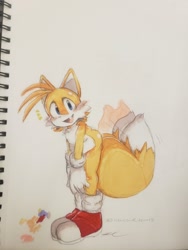 Size: 1536x2048 | Tagged: safe, artist:wussup_draws, miles "tails" prower, 2026, bending over, color palette, cute, looking at viewer, mouth open, open smile, signature, smile, solo, standing, tailabetes, traditional media