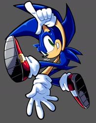 Size: 1352x1725 | Tagged: safe, artist:snoctheroach, sonic the hedgehog, 2026, grey background, looking at viewer, mid-air, pointing, posing, simple background, smile, smiling at viewer, solo, treads