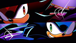 Size: 2048x1154 | Tagged: safe, artist:spacedawgspace, shadow the hedgehog, sonic the hedgehog, hedgehog, 2025, duo, frown, looking at each other, male, smile, sonic racing crossworlds
