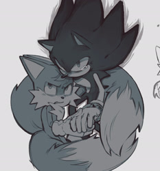 Size: 1906x2048 | Tagged: safe, artist:m-ellodii-art, miles "tails" prower, sonic the hedgehog, fox, hedgehog, 2026, angry, clenched teeth, crying, dark form, dark sonic, duo, frown, holding hands, looking offscreen, male, redraw, siblings, simple background, tears, white background, wrapped in tail