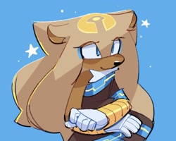 Size: 1341x1073 | Tagged: safe, artist:mintywhisker, gold the tenrec, tenrec, 2026, arms folded, blue background, female, looking offscreen, simple background, smile, solo, star (symbol)