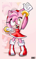 Size: 827x1358 | Tagged: safe, artist:nonicpower, amy rose, hedgehog, amybetes, clothes, cute, dress, echo background, female, glasses, hairband, looking at viewer, open mouth, open smile, shoes, signature, smile, smiling at viewer, solo, standing