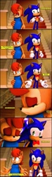 Size: 783x2650 | Tagged: safe, artist:pixelrush, sally acorn, sonic the hedgehog, chipmunk, hedgehog, 2022, 3d, alternate outfit, blender, bowtie, castle, clothes, comic, complaining, dialogue, dress, duo, english text, fat, fat sally acorn, female, indoors, looking at each other, male, sally x sonic, shipping, shy, speech bubble, straight