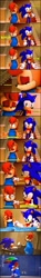 Size: 392x2650 | Tagged: safe, artist:pixelrush, sally acorn, sonic the hedgehog, chipmunk, hedgehog, 2022, 3d, alternate outfit, blender, bowtie, building, cake, castle, clothes, comic, dialogue, dress, duo, eating, english text, fat, fat sally acorn, female, food, holding something, hugging, indoors, looking at each other, male, musical instrument, nighttime, outdoors, piano, playing music, rain, sally x sonic, shipping, shy, singing, sitting, smile, speech bubble, straight, umbrella, walking