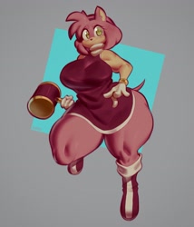Size: 2167x2533 | Tagged: suggestive, artist:diipiid, amy rose, 2022, beanbrows, bootyfull amy, breasts, busty amy, butt, ear fluff, holding something, looking at viewer, piko piko hammer, smile, solo, thick thighs, weapon