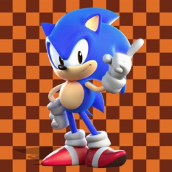 Size: 2048x2048 | Tagged: safe, artist:dancada, artist:hunicrio, sonic the hedgehog, hedgehog, 2023, 3d, checkered background, classic sonic, classic sonic (universe), hand on hip, looking at viewer, male, orange brown checkerboard, smile, solo, standing, tapping foot, wagging finger