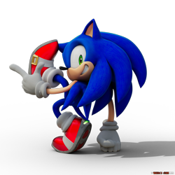 Size: 5000x5000 | Tagged: safe, artist:yosder-man, sonic the hedgehog, sonic adventure, 2025, 3d, absurd res, clenched fist, clenched teeth, light shoes, looking at viewer, looking back, looking back at viewer, pointing, posing, redraw, shadow (lighting), simple background, smile, solo, transparent background, treads