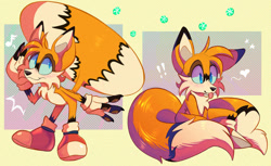 Size: 1141x700 | Tagged: safe, artist:plaguedogs123, miles "tails" prower, fox, blep, blushing, cute, gloves, male, shoes, solo, tailabetes