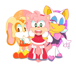 Size: 957x835 | Tagged: safe, artist:bowsaremyfriends, amy rose, cream the rabbit, rouge the bat, bat, hedgehog, rabbit, amy's halterneck dress, clothes, cream's dress, dress, female, gloves, looking at viewer, open mouth, rouge's heart top, shoes, simple background, standing, starry eyes, transparent background, trio, wingding eyes, wink