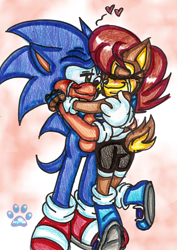 Size: 564x795 | Tagged: safe, artist:jayfoxfire, sally acorn, sonic the hedgehog, chipmunk, hedgehog, 2012, blushing, duo, eyes closed, female, heart, hugging, male, sally x sonic, sally's ringblader outfit, shipping, simple background, smile, straight, tears, tears of happiness