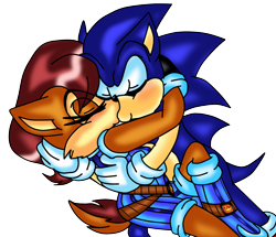 Size: 836x720 | Tagged: safe, artist:jayfoxfire, sally acorn, sonic the hedgehog, chipmunk, hedgehog, 2014, alternate outfit, alternate universe, clothes, duo, eyes closed, female, hand on another's head, hugging, kiss, male, sally x sonic, shipping, straight, transparent background
