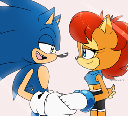 Size: 950x859 | Tagged: safe, artist:risziarts, sally acorn, sonic the hedgehog, chipmunk, hedgehog, 2022, duo, female, holding something, looking at each other, male, open mouth, sally x sonic, sally's ringblader outfit, shipping, simple background, smile, smiling at each other, standing, straight, sunlight, talking