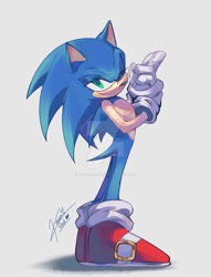 Size: 827x1080 | Tagged: safe, artist:kanzerrogaart, sonic the hedgehog, hedgehog, deviantart watermark, gloves, looking at viewer, male, shoes, standing, wink