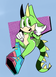 Size: 900x1238 | Tagged: safe, artist:pembroke, oc, oc:emerald the iguana, lizard, 2026, abstract background, boots, female, gloves, green eyes, horns, iguana, looking at viewer, oc only, one fang, solo, tomboy, treads
