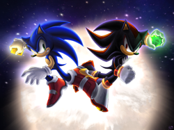 Size: 2732x2048 | Tagged: safe, artist:natpng, shadow the hedgehog, sonic the hedgehog, hedgehog, sonic adventure 2, 2026, chaos emerald, duo, frown, holding something, male, mid-air, moon, nighttime, outdoors, posing, redraw, signature, smile, soap shoes, star (sky)