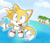 Size: 759x657 | Tagged: safe, artist:domestic maid, miles "tails" prower, fox, 2012, clouds, daytime, flying, gloves, island, male, open mouth, open smile, palm tree, sea, shoes, sky, smile, solo, spinning tails, tree, water