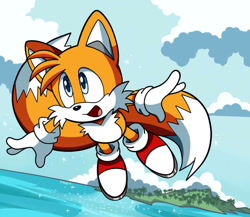 Size: 800x695 | Tagged: safe, artist:domestic maid, miles "tails" prower, fox, 2023, clouds, daytime, flying, gloves, island, male, open mouth, open smile, redraw, sea, shoes, sky, smile, solo, spinning tails, tree, water