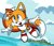 Size: 800x695 | Tagged: safe, artist:domestic maid, miles "tails" prower, fox, 2023, clouds, daytime, flying, gloves, island, male, open mouth, open smile, redraw, sea, shoes, sky, smile, solo, spinning tails, tree, water