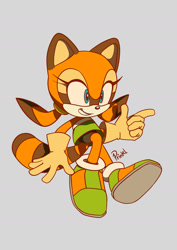 Size: 1280x1811 | Tagged: safe, artist:prinklv2, marine the raccoon, raccoon, 2026, clothes, female, flat colors, gloves, grey background, looking offscreen, pointing, shoes, signature, simple background, smile, solo, treads