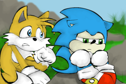 Size: 750x500 | Tagged: safe, artist:netsirkblue, miles "tails" prower, sonic the hedgehog, fox, hedgehog, 2012, arms folded, classic sonic, classic sonic (universe), classic tails, daytime, duo, floppy ears, grass, lidded eyes, looking at them, looking down, male, outdoors, rock, sad, siblings, sitting