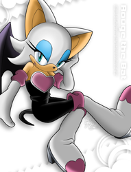 Size: 678x889 | Tagged: safe, artist:lightningchaos20, rouge the bat, bat, 2012, cleavage, clothes, female, head rest, legs crossed, lidded eyes, looking at viewer, rouge's heart top, sitting, smile, solo
