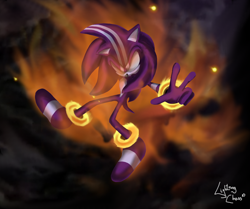Size: 1280x1071 | Tagged: safe, artist:lightningchaos20, sonic the hedgehog, hedgehog, 2010, abstract background, darkspine sonic, fire, lineless, looking at viewer, mid-air, signature, solo, v sign