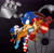 Size: 2962x2877 | Tagged: safe, artist:shanahat, sally acorn, sonic the hedgehog, uncle chuck, chipmunk, hedgehog, 2026, black background, carrying them, escaping, eyes closed, female, holding hands, jumping, male, phase out, quartet, rescue, robot, sally x sonic, sally's vest and boots, shipping, simple background, straight, trio focus, vest