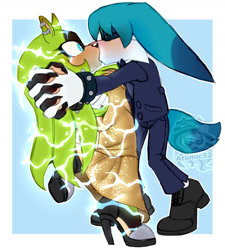 Size: 1519x1690 | Tagged: safe, artist:atomic52, kit the fennec, surge the tenrec, fox, tenrec, 2025, age difference, alternate outfit, blushing, bowtie, clothes, dress, duo, electricity, eyes closed, female, fennec, heels, holding hands, kiss, kitsurge, looking at them, male, shipping, shoes, standing, standing on one leg, straight, suit, surprise kiss, surprised, watermark