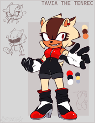 Size: 1080x1400 | Tagged: safe, artist:fizzieskittle, oc, oc:tavia the tenrec, tenrec, 2025, bodysuit, character name, color palette, ear piercing, earring, english text, female, fur markings, gloves, heels, oc only, piercing, shoes, smile, solo, standing, text