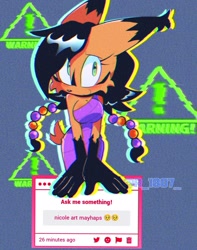 Size: 1611x2048 | Tagged: safe, artist:r_1807_, nicole the hololynx, 2026, blushing, cleavage, clothes, cute, dress, female, glitch, hololynx, looking at viewer, nicabetes, outline, reference inset, smile, solo, straw.page, warning sign