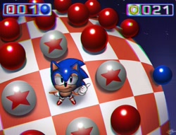 Size: 1336x1020 | Tagged: safe, artist:lemonade-pop, sonic the hedgehog, hedgehog, 2026, blue spheres, bumper, chromatic aberration, classic sonic, classic sonic (universe), from above, lidded eyes, lineless, looking at viewer, looking up, looking up at viewer, male, pointing, ring counter, smile, solo, sonic the hedgehog 3, special stage, sphere counter, standing, star (sky)