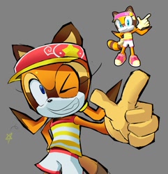 Size: 1342x1392 | Tagged: safe, artist:rocketrrush, marine the raccoon, raccoon, 2026, alternate outfit, cap, clenched teeth, clothes, eyelashes, female, gloves, grey background, hat, looking at viewer, pointing, pointing at viewer, reference inset, shorts, simple background, smile, solo, sonic runners, star (symbol), summer, tank top, visor, wink