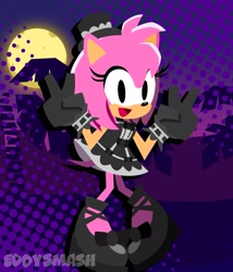 Size: 1729x2017 | Tagged: safe, artist:eddysmash2407, amy rose, hedgehog, 2024, abstract background, bow, double v sign, dress, eyelashes, female, gloves, goth, goth amy, goth outfit, gothic lolita, hat, lineless, lolita, looking at viewer, mary-janes, moon, no pupils, posing, shoes, smile, solo, sonic speed simulator, standing, v sign, watermark