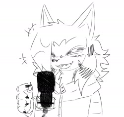 Size: 1966x1865 | Tagged: safe, artist:astral_wisp, whisper the wolf, wolf, 2026, black and white, chest fluff, claws, clothes, eyes closed, face piercing, female, jacket, kinsona, line art, lip peircing, microphone, monochrome, mouth open, nose piercing, open smile, piercing, signature, simple background, sketch, smile, solo, standing, tongue piercing, watermark, white background, zip