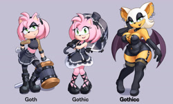 Size: 1822x1100 | Tagged: safe, artist:dstears, amy rose, rouge the bat, bat, hedgehog, big breasts, bow, breasts, clothes, dress, duo, female, goth, goth amy, goth rouge, gothic lolita, hammer, hat, lolita, looking at viewer, open mouth, open smile, smile, smiling at viewer, standing, umbrella