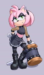 Size: 1130x1920 | Tagged: safe, artist:dstears, amy rose, hedgehog, alternate version, female, fishnets, goth, goth amy, hammer, piko piko hammer, solo, standing