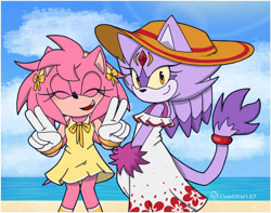 Size: 1280x1011 | Tagged: safe, artist:flameheart87, amy rose, blaze the cat, cat, hedgehog, amy x blaze, beach, bow, clothes, dress, female, hair bow, hat, shipping, swimsuit