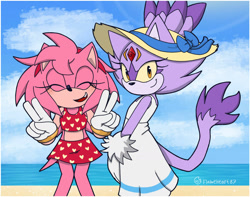 Size: 1280x1011 | Tagged: safe, artist:flameheart87, amy rose, blaze the cat, cat, hedgehog, alternate version, amy x blaze, beach, clothes, dress, female, hat, shipping, swimsuit